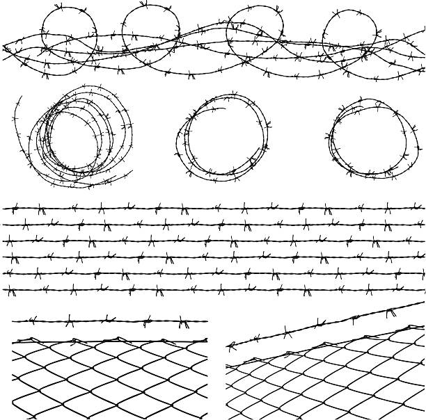 ilustraciones, imágenes clip art, dibujos animados e iconos de stock de alambre de espino elementos - barbed wire