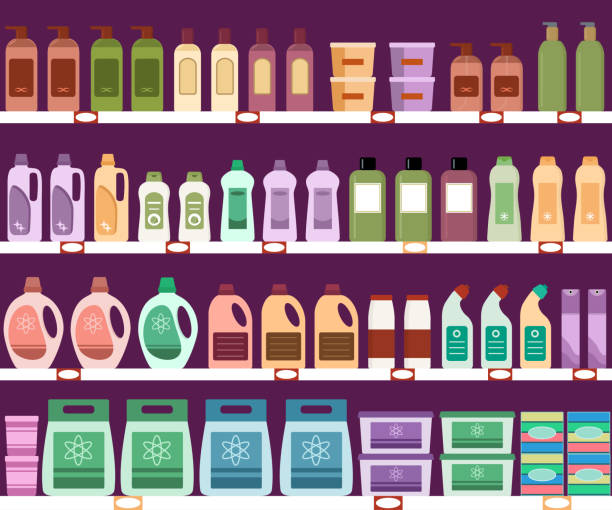 illustrations, cliparts, dessins animés et icônes de étagères avec des produits chimiques domestiques dans les supermarchés. - pastille