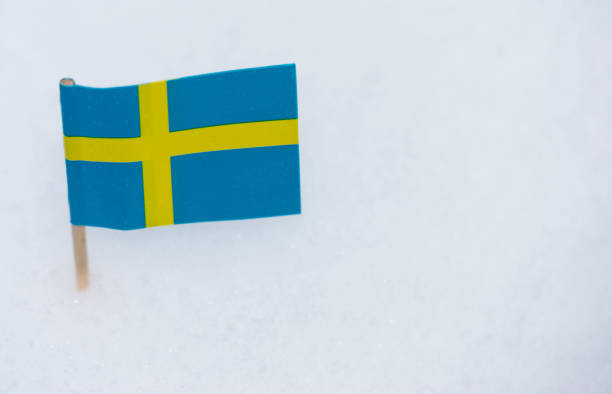 istock Sweden flag made from paper with brown toothpick on white snow background. 927184956