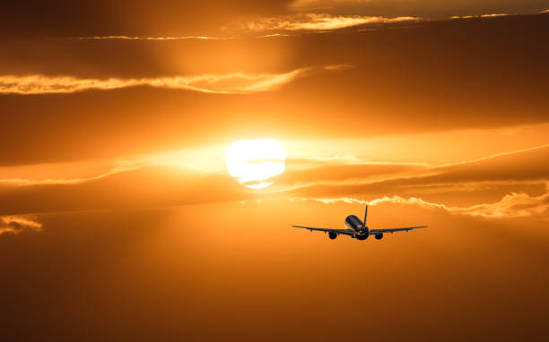 평면은 날아오름 앳 선셋 - aircraft landing 뉴스 사진 이미지