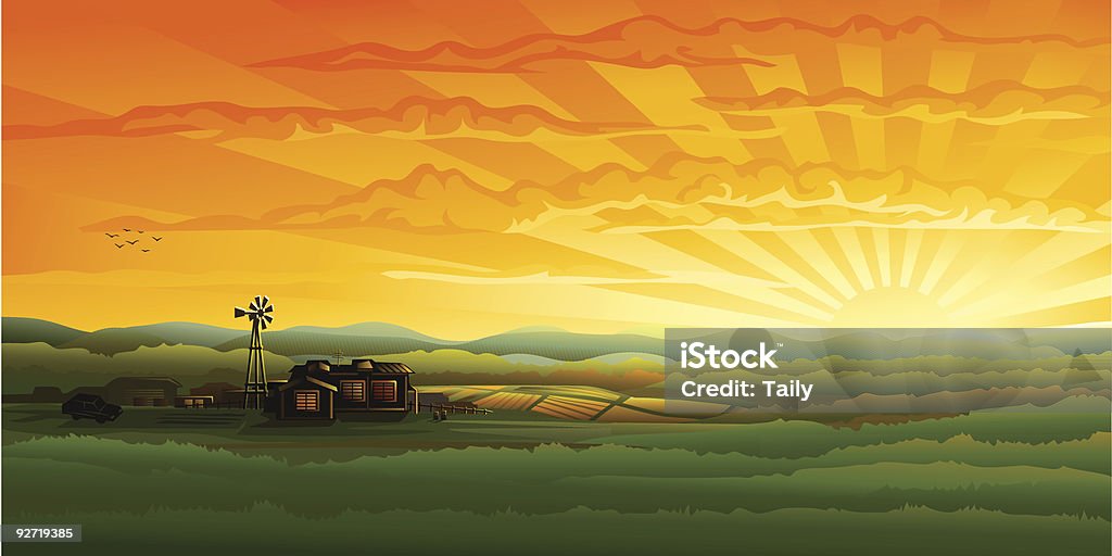 夜の田園地帯の「panorama 」－ファーム、フィールドおよび風力タービン - 農園のロイヤリティフリーベクトルアート