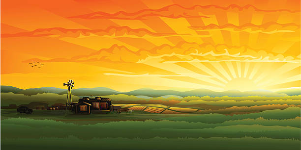 Evening countryside panorama - farm, field and wind turbine  landscape scenery stock illustrations