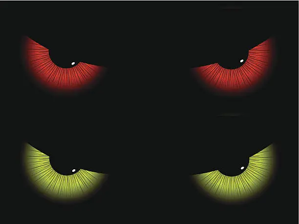 Vector illustration of Red and green angled eyes on black background