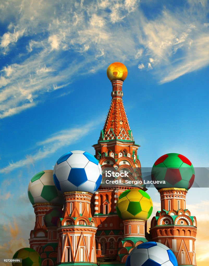 Photo manipulated image of Russian football. Photo manipulated image of the Kremlin with footballs as domes. Soccer Stock Photo
