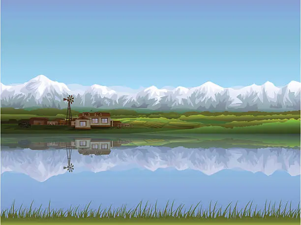 Vector illustration of Painting of an alpine farm near a lake