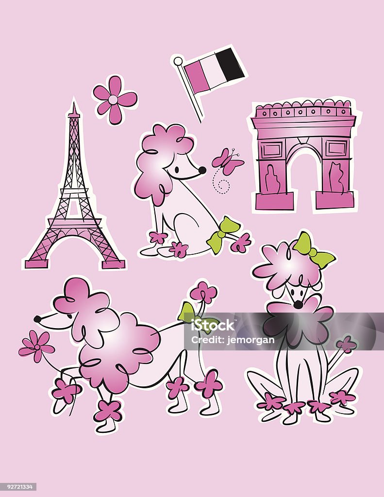 French Paris poodle w/ Eiffel Tower and Arc de Triomphe  Poodle stock vector