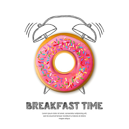 Tasty pink glazed donut, letters and hand drawn watercolor alarm clock isolated on white background. Vector design for breakfast menu, cafe, bakery. Fast food background.