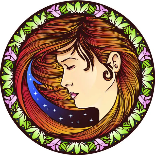 Vector illustration of Art Nouveau Girl in a Circle Frame-NIGHTIME