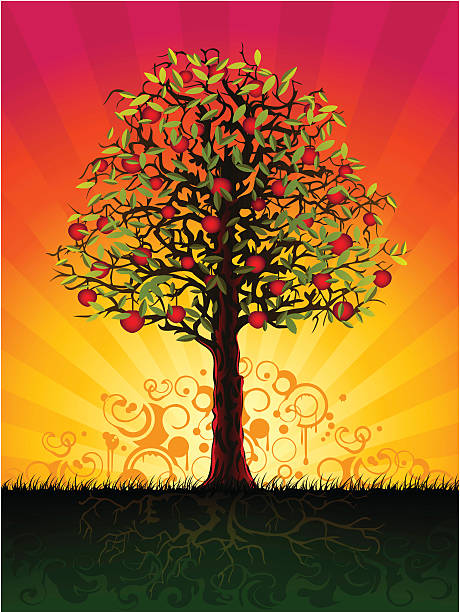 Graphic illustration of an apple tree against sunlit sky vector art illustration