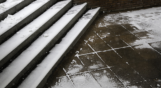 Winter snowy stairs, with ice, nature and landscape