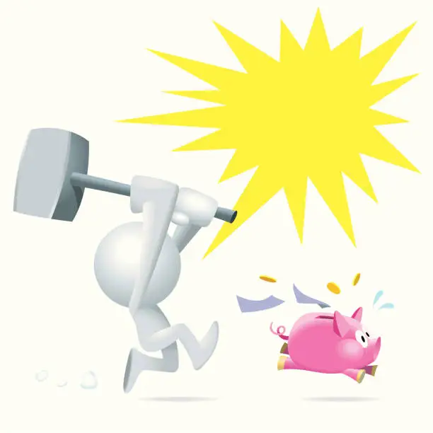 Vector illustration of Sim man chasing piggy bank.