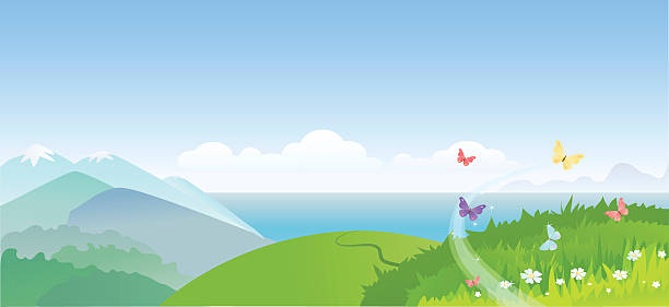 ilustraciones, imágenes clip art, dibujos animados e iconos de stock de paisaje de verano - spring grass cloud butterfly