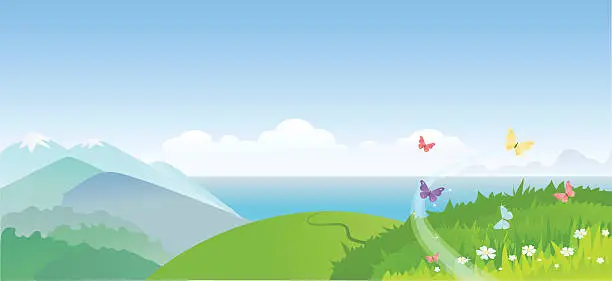 Vector illustration of Illustration of a summer landscape and butterflies