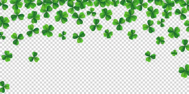 Vector illustration of Patrick day background with vector four-leaf clover pattern background. Lucky four leaf clover green background for Irish beer festival St Patrick's day. Vector green grass clover pattern background