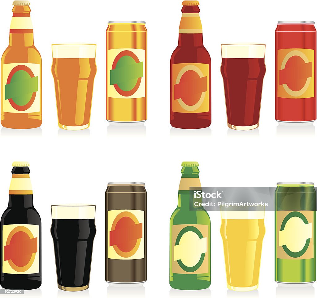 Botellas de cerveza aislado diferentes, cans y gafas - arte vectorial de Aluminio libre de derechos