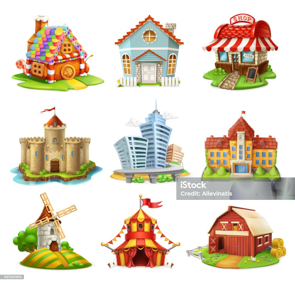 Houses and castles. Buildings 3d vector icons set Three Dimensional stock vector