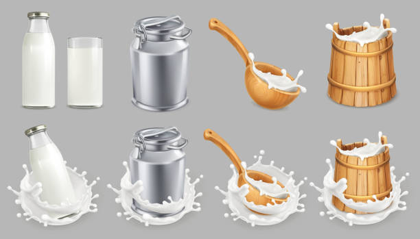 milchkanne und spritzwasser. natürliche milchprodukte. 3d vektor icon-set - dairy farm liquid food and drink splashing stock-grafiken, -clipart, -cartoons und -symbole