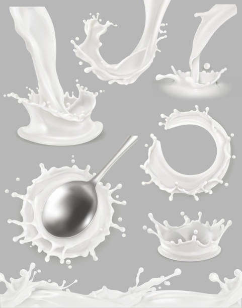 молоко капли и всплеск. набор объектов 3d вектора - dairy farm liquid food and drink splashing stock illustrations