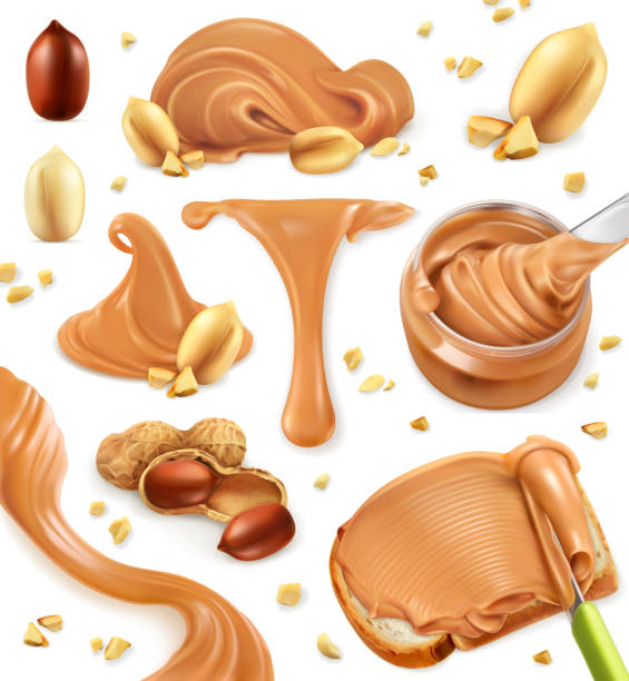 illustrazioni stock, clip art, cartoni animati e icone di tendenza di burro di arachidi, set di icone vettoriali 3d - butter dairy product fat food