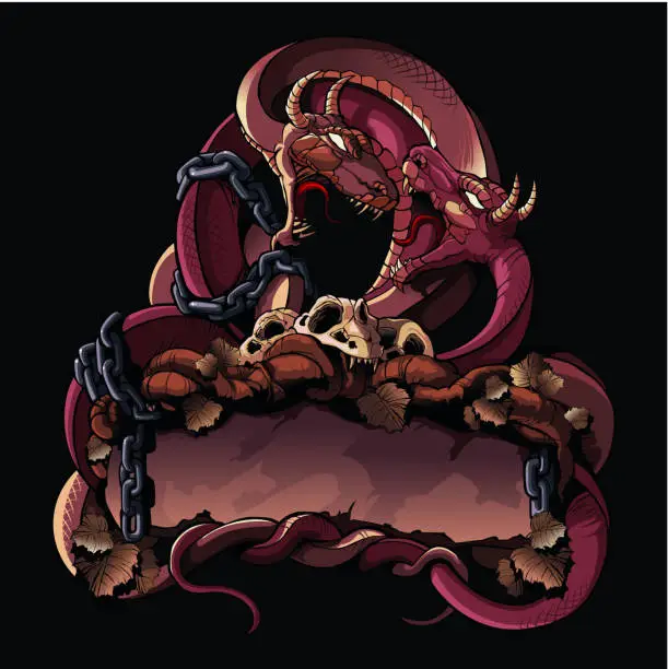 Vector illustration of Two fighting dragons: Ornate design element.