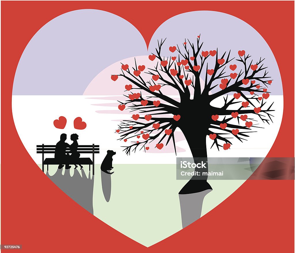 Herz-Baum Blumen, paar auf Bank Valentine - Lizenzfrei Heterosexuelles Paar Vektorgrafik