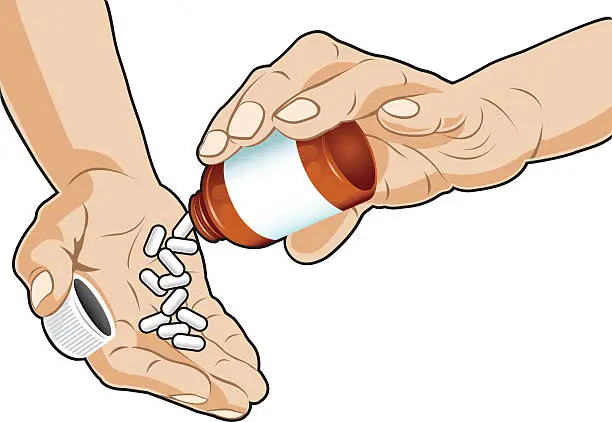 Vector illustration of Pills from medicine bottle being emptied into a hand