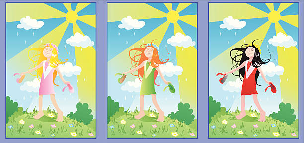 ilustrações de stock, clip art, desenhos animados e ícones de menina na chuva - diadem red green blue