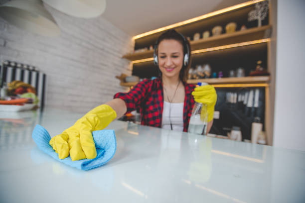 linda mujer de la limpieza - cleaning domestic kitchen counter top housework fotografías e imágenes de stock