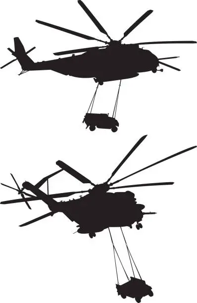 Vector illustration of Helicopter Carrying Humvee Silhouettes