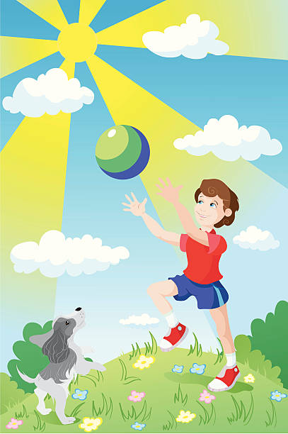 少年と犬 - offspring child playing playful点のイラスト素材／クリップアート素材／マンガ素材／アイコン素材