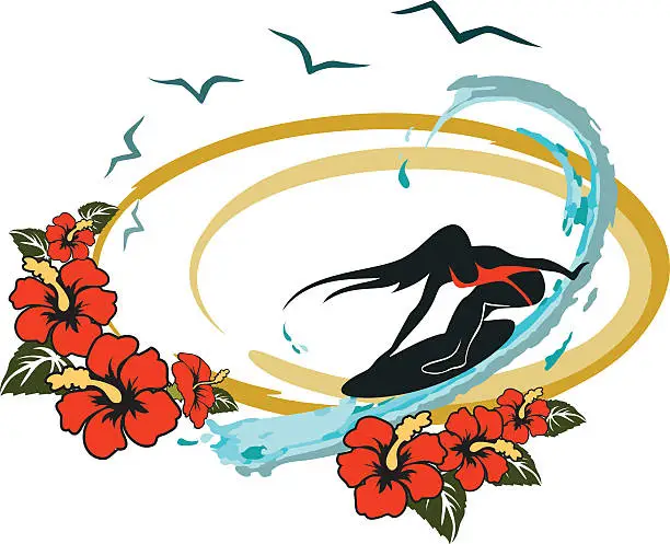 Vector illustration of Stylized Woman Surfing with Aqua Wave and Red Hibiscus Flowers