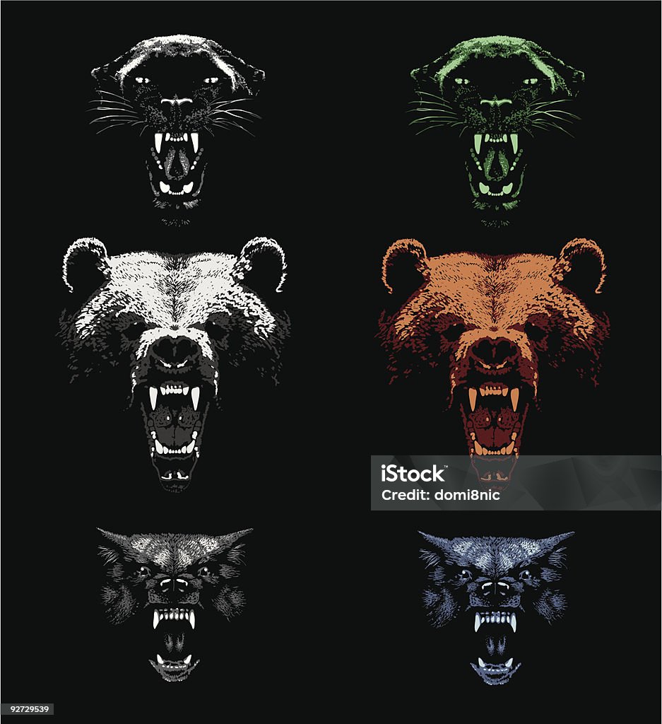 Aggressive Predators Black leopard, brown bear and wolf. Hand drawing - lights and shadows style. Bear stock vector