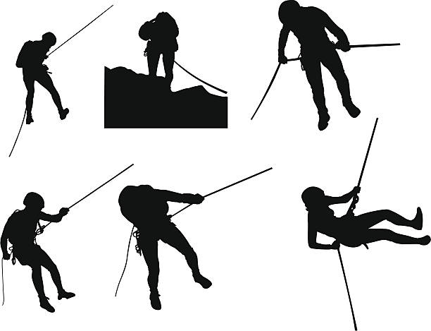 Canyoning silhouettes Six vector silhouettes from people descending with a climbed rope, helmet and protective gear some water fall.  AI file into the ZIP rope climbing stock illustrations