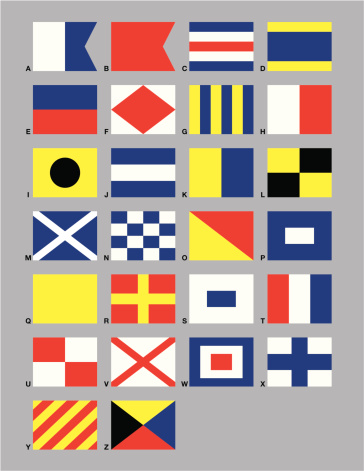 The 26 standard Maritime Signal Flags drawn in CMYK and placed on individual layers.