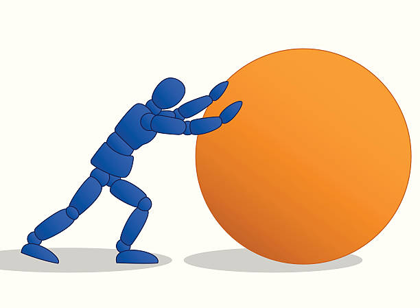 illustrazioni stock, clip art, cartoni animati e icone di tendenza di piccolo uomo spingendo un grande palla arancia - omino di legno