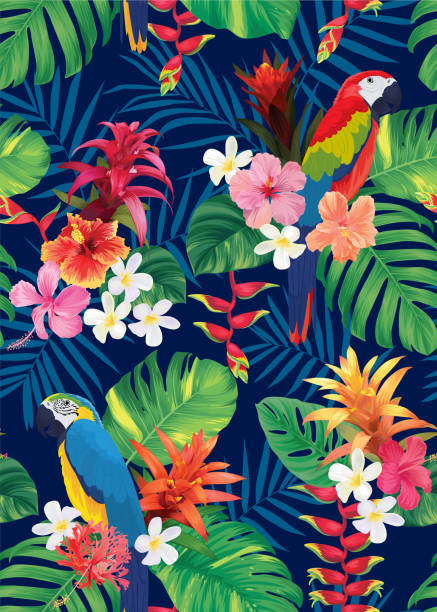 illustrazioni stock, clip art, cartoni animati e icone di tendenza di motivo tropicale senza cuciture con ara, guzmania, fiori di ibisco e sfondo di foglie di palma. - palm leaf frond leaf backgrounds