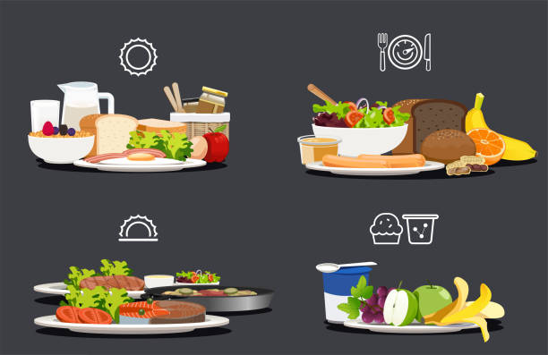 ilustrações de stock, clip art, desenhos animados e ícones de sample food at each meal. foods with health benefits. advise of a balanced diet. each type of food that the body should be in a day. - dinner