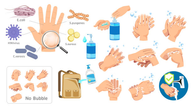 Hand hygiene prevention without E.coli, S.pyogenes, H1N1virus, C.xerosis, S.aureus. Far from the disease by yourself. Health care concept. Hand hygiene prevention without E.coli, S.pyogenes, H1N1virus, C.xerosis, S.aureus. Far from the disease by yourself. Health care concept. aureus stock illustrations