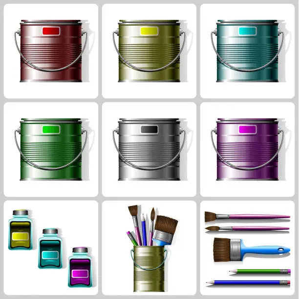 Vector illustration of Ink, Paint Tins, Brushes, Pencils