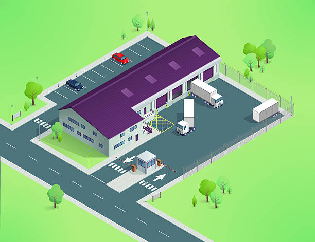 изометрические доставки depot - delivery van distribution warehouse vector shipping stock illustrations