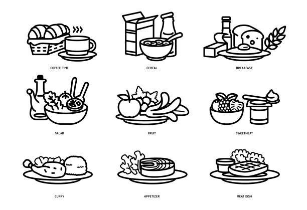 ilustraciones, imágenes clip art, dibujos animados e iconos de stock de comidas de las personas que deben comer en un concepto de icono plano día. ideas para crear una descripción nutricional de alimento diario y la investigación de consumidor. - breakfast plate