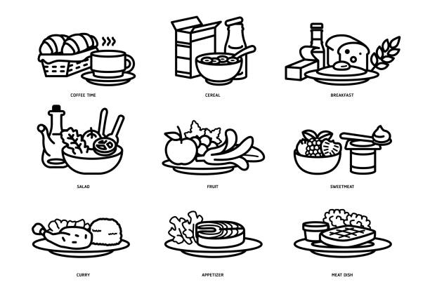 illustrations, cliparts, dessins animés et icônes de repas de ceux qui mange dans un concept d’icône plate ligne jour. idées pour créer une description nutritionnelle pour l’alimentation quotidienne et de recherche sur la consommation. - repas