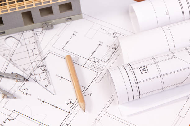 istock Electrical diagrams, accessories for use in engineer jobs and house under construction 927319004