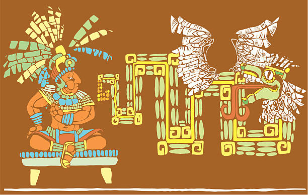ilustraciones, imágenes clip art, dibujos animados e iconos de stock de maya y kukulcan con cama king - guerrero azteca