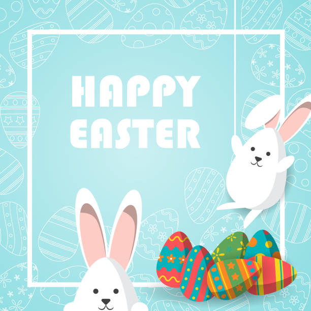 happy easter-vektor-illustration - red easter blue frame stock-grafiken, -clipart, -cartoons und -symbole