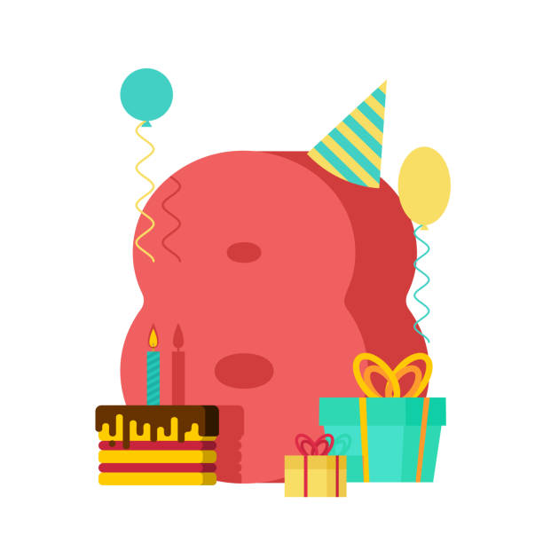 illustrations, cliparts, dessins animés et icônes de carte de voeux 8 année anniversaire. 8e anniversaire modèle. huit nombre et festive du gâteau avec une bougie. boîte de ballon et de cadeau. - viiième siècle