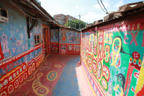 Taichung;Taiwan ,April 5 2015 :the colorful drawing on the wall in rainbow military community or village in Taichung . Rainbow village is one of landmark in Taichung