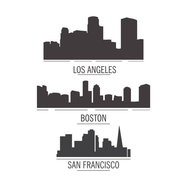 실루엣 다운 타운 도시 미국의 풍경 마천루 타워와 고층 건물 평면 벡터. 도시 풍경 보스턴 매사 추세 츠, 로스 앤젤레스, 샌 프란 시스 코. - city of los angeles los angeles county downtown district cityscape stock illustrations