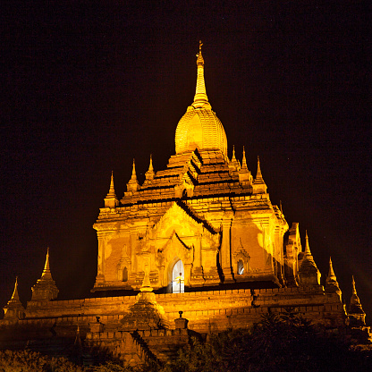 Bagan Temple in Myanmar at night illuminated. Buddhist pagoda in Myanmar litup at night.