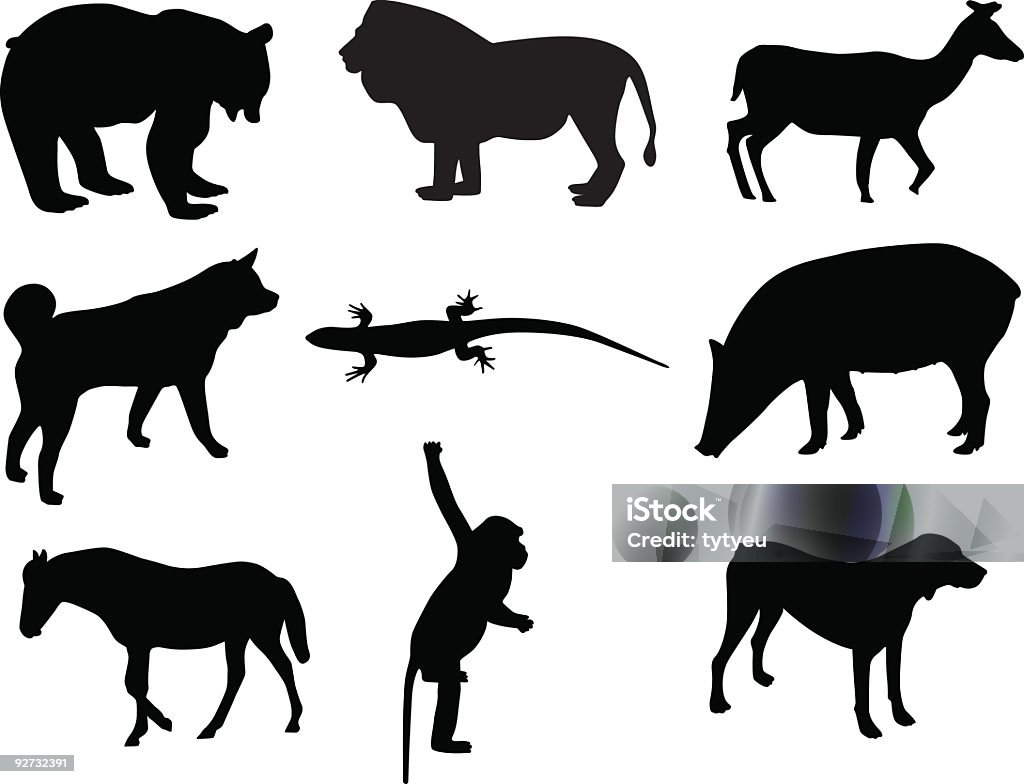 Animal vector shapes Animal vector shapes (from left to right): bear, lion, deer, husky dog, lizzard, wild pig, horse, playing monkey, dog. Zip file contains: .ai, .eps, .jpg, .svg Common Wall Lizard stock vector